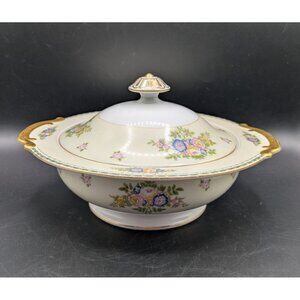 Meito China Round Covered Vegetable Serving Bowl Atwater Floral Gold Gilt 10"